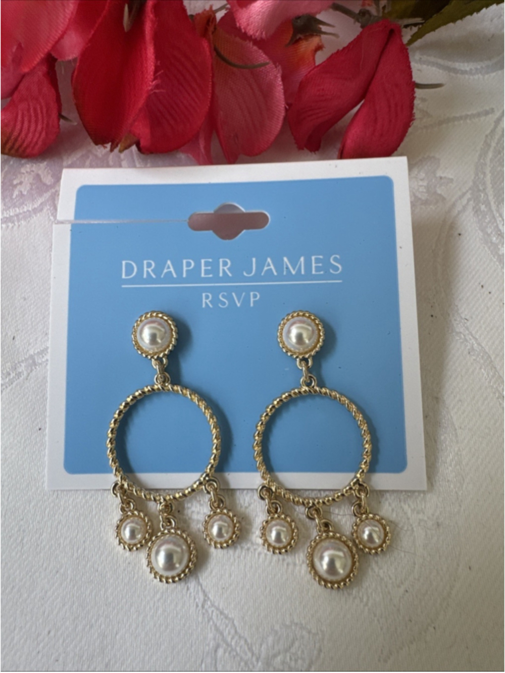 Draper James Dainty Hoops Dangle 1 3/4" Earrings Pearl GoldTone Preppy NEW